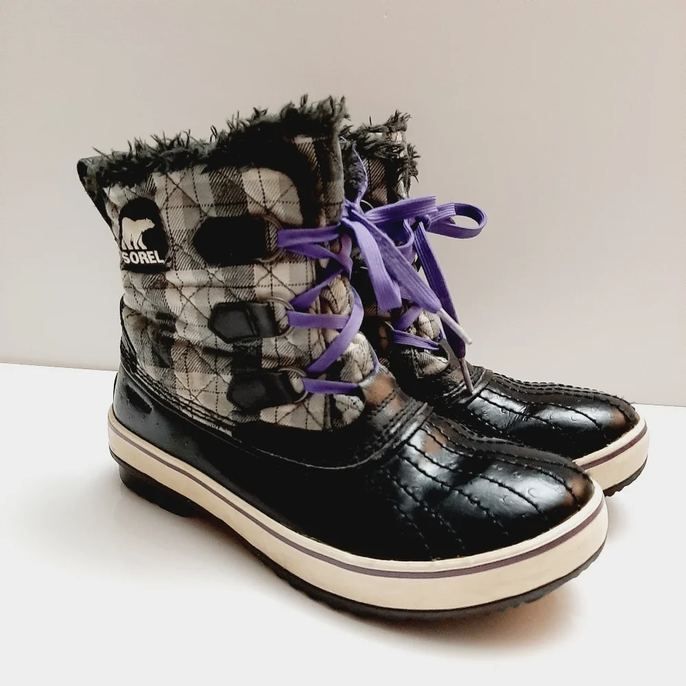 SOREL Tivoli II Plaid Short Lace-Up Snow Winter Boots Waterproof B&W Sz 8 Flawed - Picture 14 of 14
